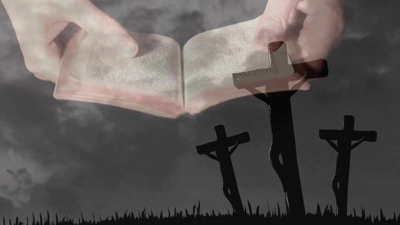 십자가 와 구름 위 에서 성서 를 읽는 백인 여자 의 애니메이션