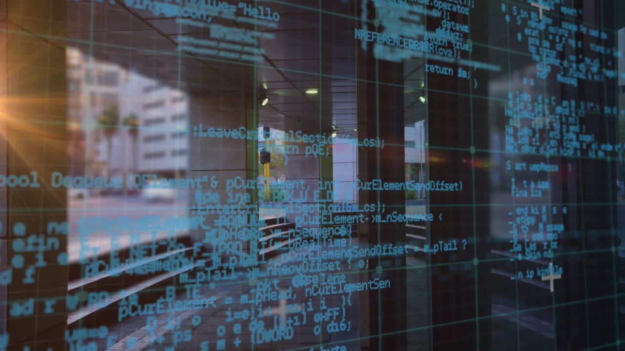 Animation of data processing and light spots over city