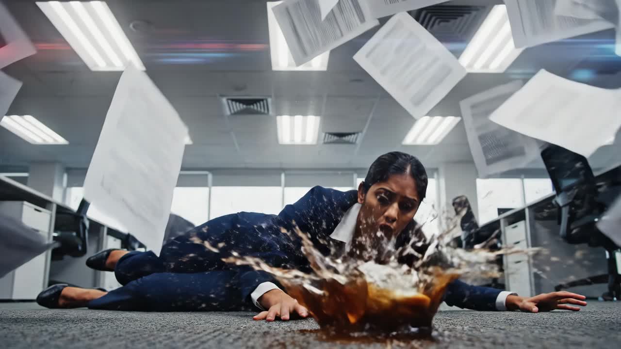 Businesswoman Falling with Spilled Coffee and Flying Papers in Office