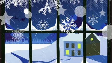 Christmas-hanging-decorations-over-window-frame-against-snow-falling-over-winter-landscape