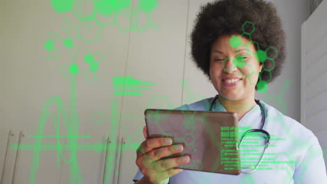 healthcare professional using tablet with green digital data overlay animation