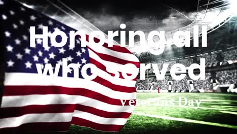 Ehrung-Aller,-Die-Am-Veteranentag-Gedient-Haben,-Text-über-Das-Schwenken-Der-Amerikanischen-Flagge-Gegen-Das-Sportstadion