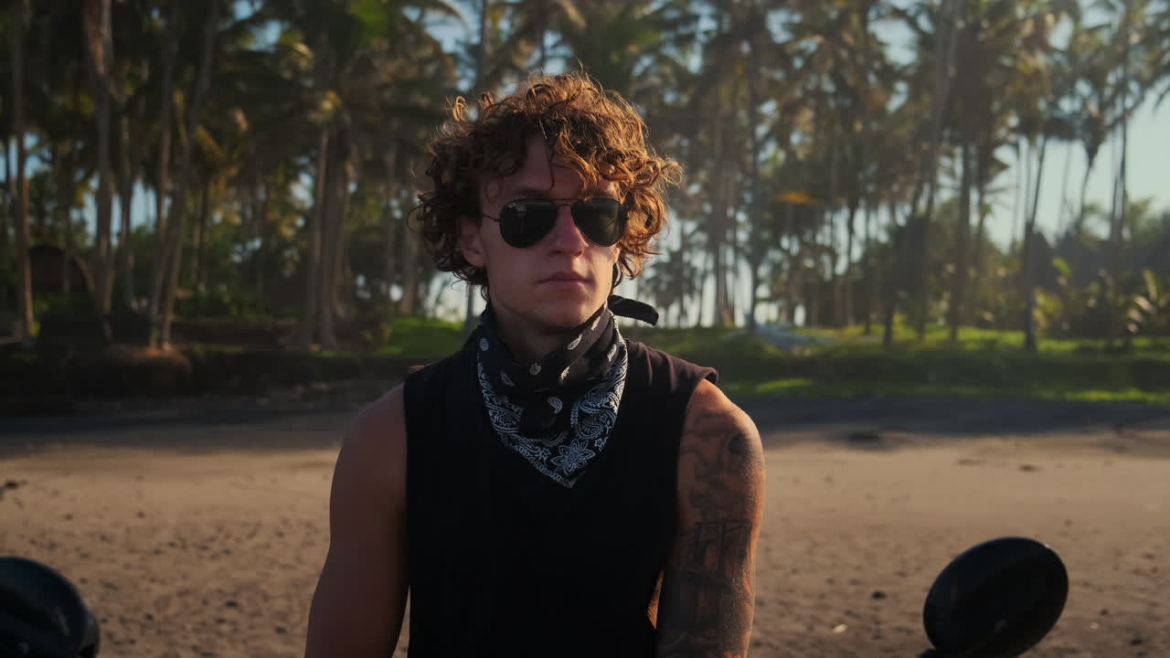 hombre en una motocicleta en una playa tropical al atardecer