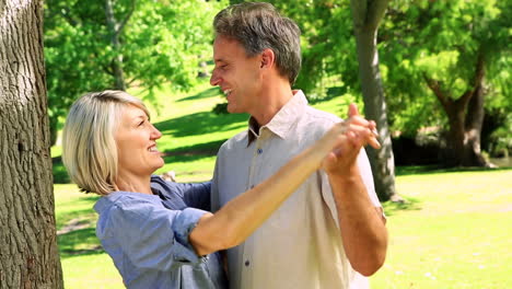 una pareja feliz bailando en el parque.