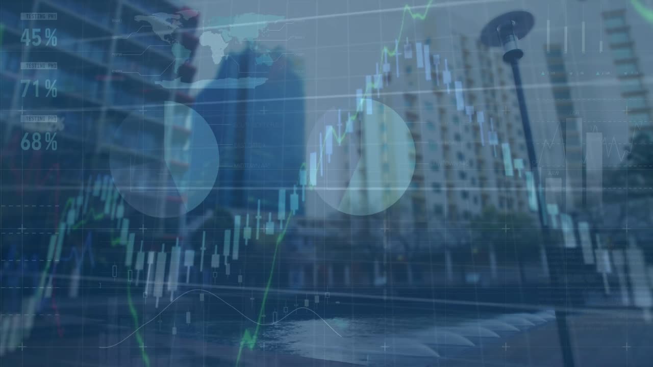 animación del procesamiento de datos financieros sobre el paisaje urbano