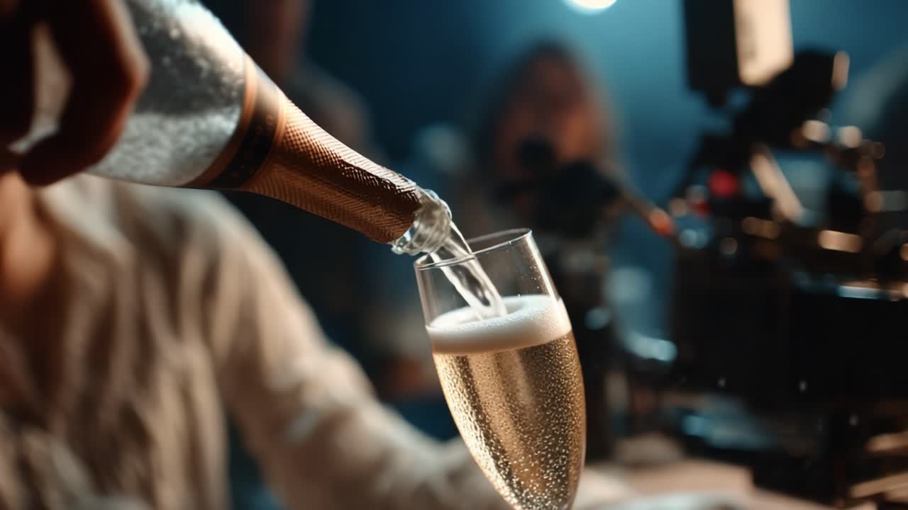 Celebratory Champagne Pour: Captivating Slow-Motion Moments of Effervescent Bubbles and Glimmering Sparkles in a Flute Glass, Capturing the Essence of Joyful Event Experiences