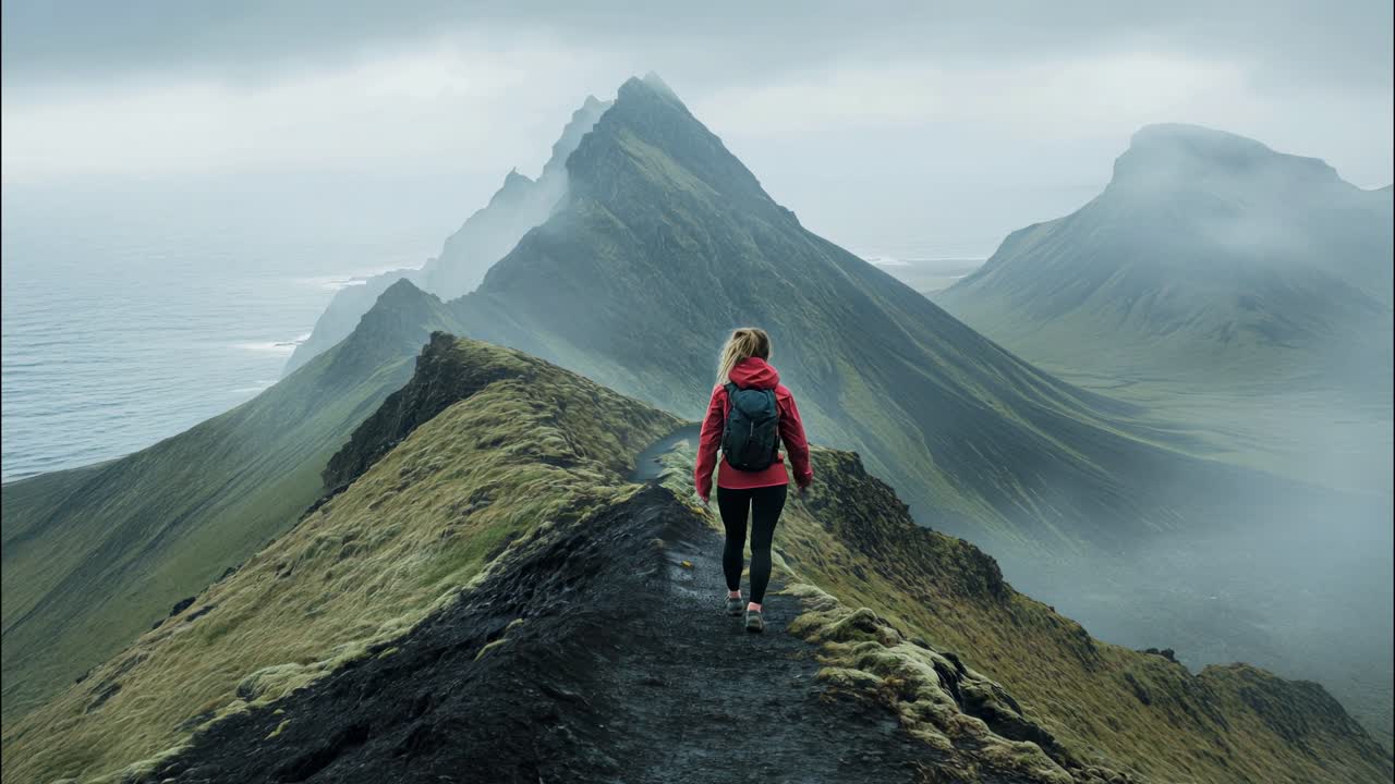 Aerial view of a hiker on a misty mountain ridge, capturing an adventurous and serene landscape