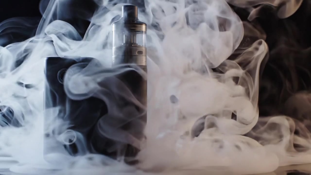 Eine Nahaufnahme eines modernen Vaporizers, der dicke Dampfwolken vor einem dunklen Hintergrund ausstößt und die Feinheiten von Design und Funktionalität zeigt.