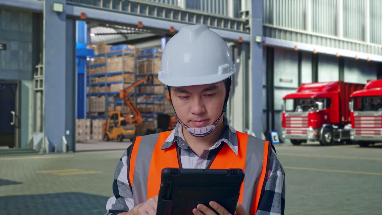 Close Up Of Asian Male Engineer With Safety Helmet Working On A Tablet While Standing , Outside of Logistics Distributions Warehouse