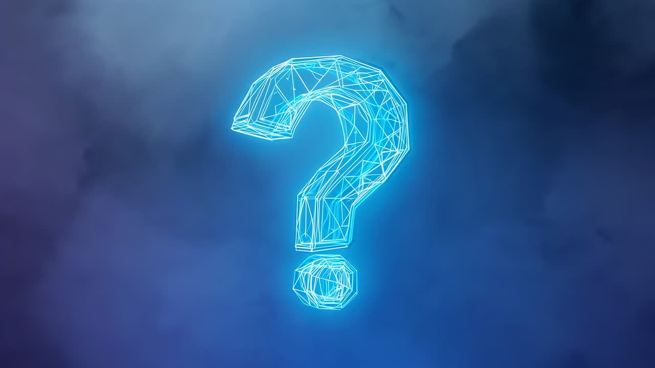 Frames advancing cyan mesh question mark rotating, glowing in studio with halo, dot, smoke for loop