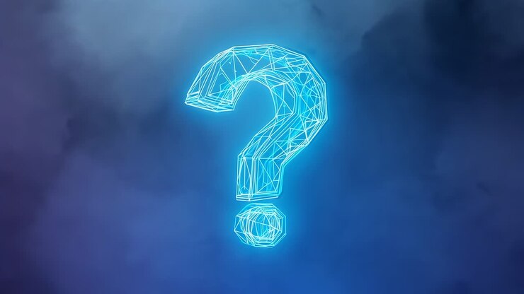 Frames advancing cyan mesh question mark rotating, glowing in studio with halo, dot, smoke for loop