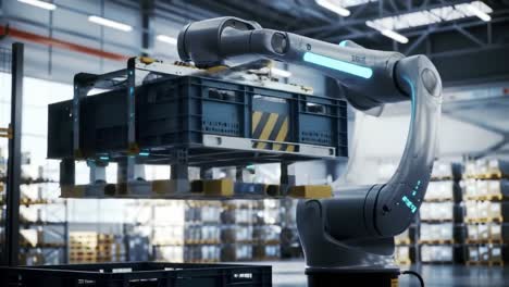 Advanced Industrial Robotics: Showcasing a High-Tech Robotic Arm in a Modern Warehouse Environment, Efficiently Handling and Transporting Cargo with Precision