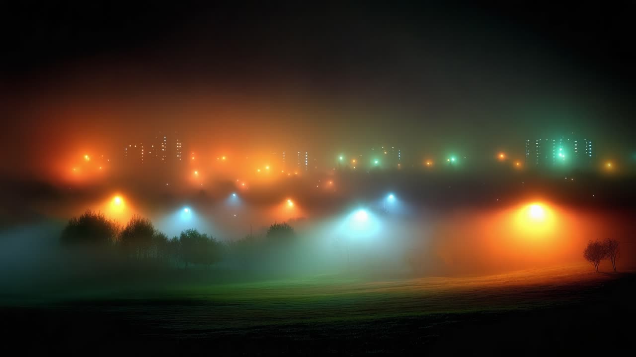 A Captivating View of a Foggy Night: Vibrant City Lights Illuminate the Misty Landscape Creating an Enigmatic Atmosphere