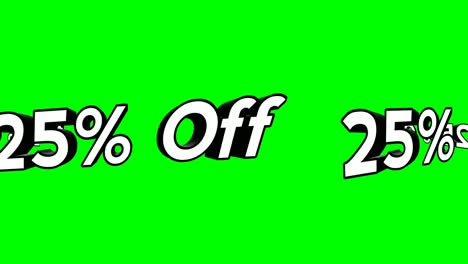 animación dibujos animados 25% de descuento en ejecución texto estilo plano emergente animación promocional fondo de pantalla verde 4k