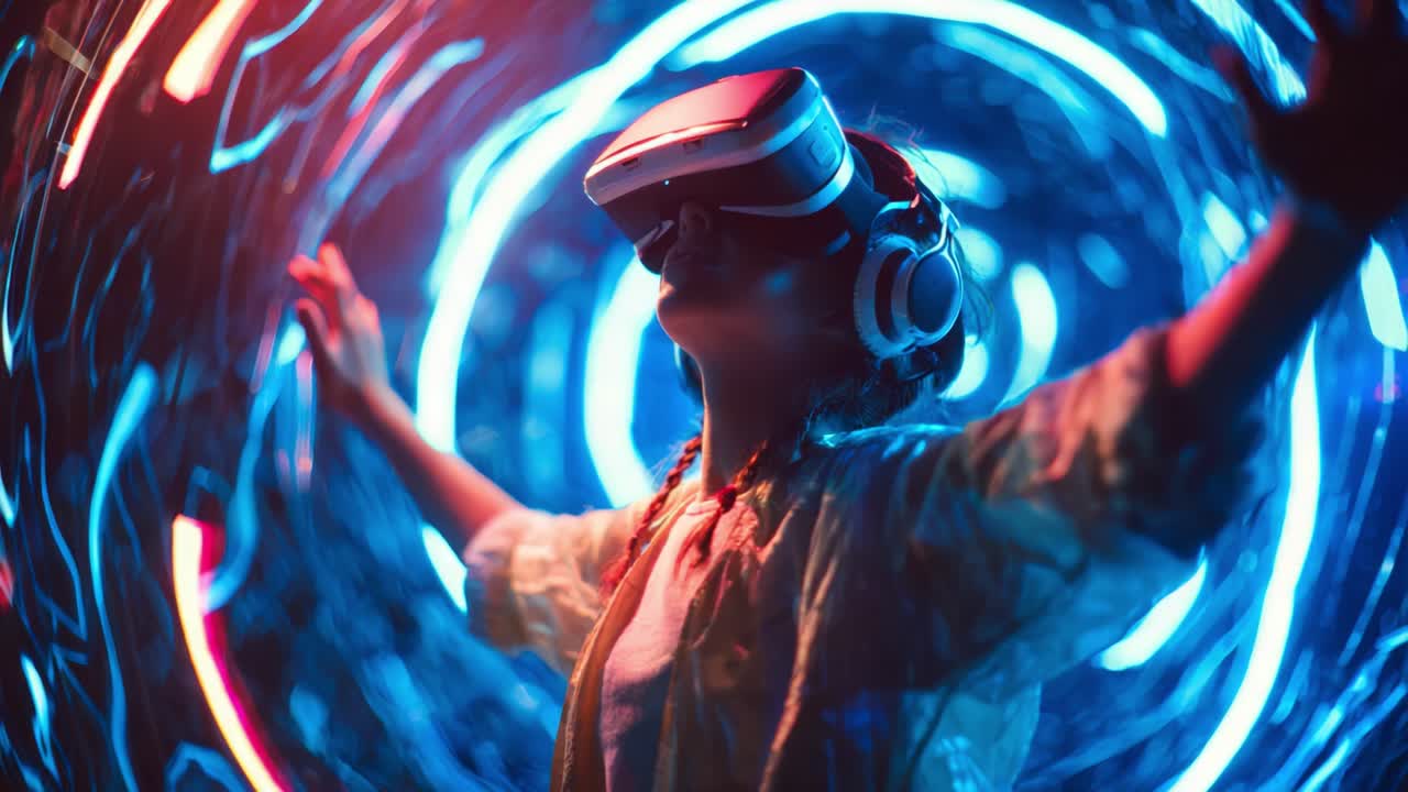 Immersive Virtual Reality Experience Capturing the Thrills of Digital Exploration: A Young Individual Engaged in a Futuristic World with Vivid Colors and Dynamic Light Patterns