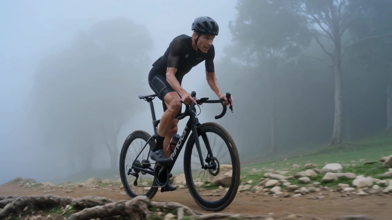 Ciclista con casco e abbigliamento nero in sella, chinato sulle radici su un sentiero nebbioso, mantenendo la velocità su una bici da gravel