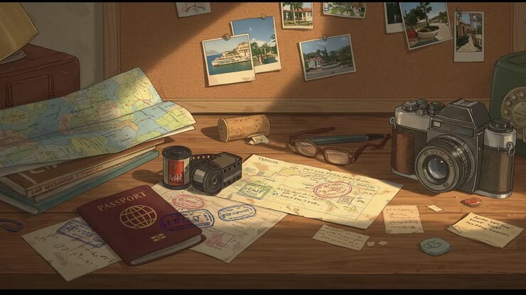 Una scena da scrivania ispirata ai viaggi con mappe, cartoline e una macchina fotografica vintage che evidenzia il viaggio di avventura ed esplorazione.