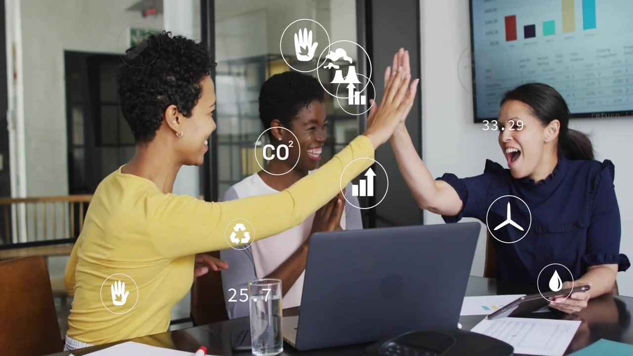 Center woman celebrating, three women high-fiving while climate icons, charts floating across frame