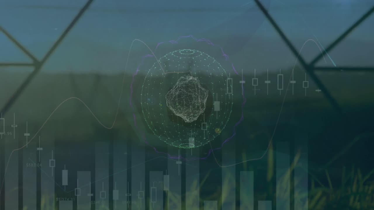 Animation of financial data processing over landscape