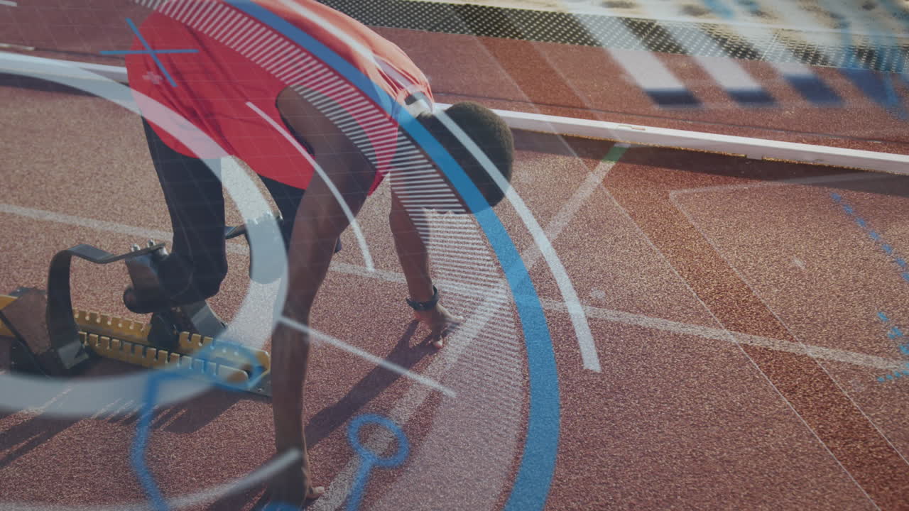 러닝 트랙에서 러닝 블레이드를 가진 장애인 남성 운동 선수에 대한 디지털 데이터 처리 애니메이션