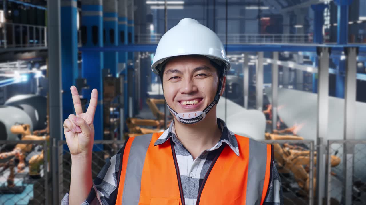 안전 헬을 착용한 아시아 남성 엔지니어가 풍력 터빈을 제조하는 공장에서 앉아 웃으며 로 팔이 작동하는 동안 평화의 몸짓을 보여줍니다.