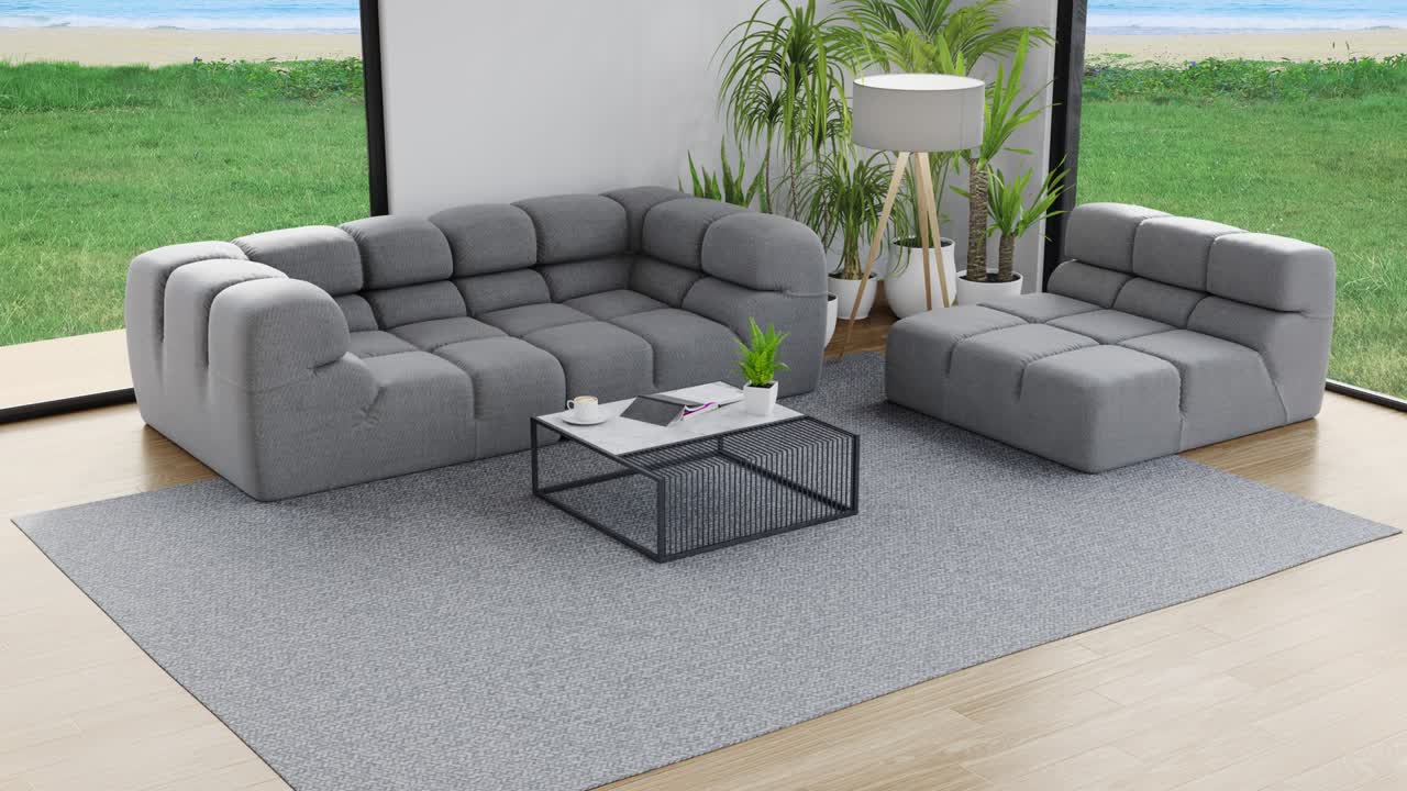 Carpet and sofa on wooden floor of large living room in modern house or luxury hotel.