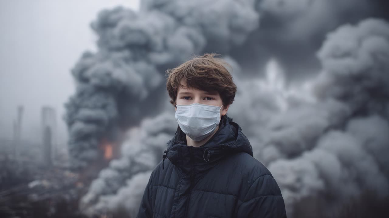 Um Jovem Usando Máscara Em Meio a Uma Cena Dramática de Fumaça e Fogo, Capturando a Tensão e a Resiliência Diante de uma Crise Ambiental