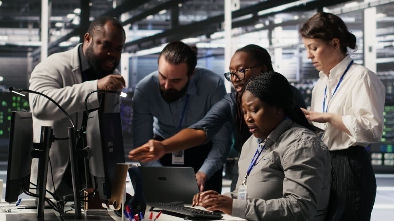 Vertical video Angry technicians in server room fighting after encountering critical error