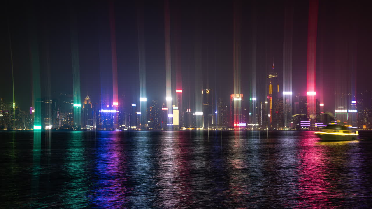 HONG KONG - 19 MARCH 2025 : Hong Kong Central city skyline filmed from across the harbour in kowloon with all the skyscrapers lit up at night advertisements