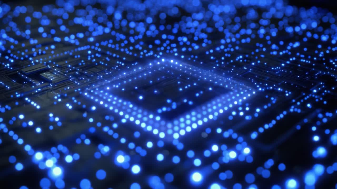 Abstract motherboard with a central processor unit sending digital data signals through its circuits, representing big data, artificial intelligence, and the futuristic flow of information