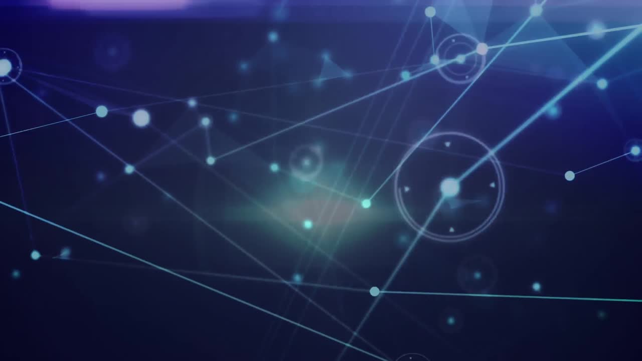 animación de una red brillante de conexiones sobre un punto de luz contra un fondo azul