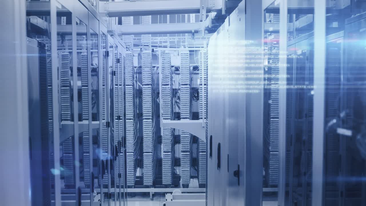 Computer servers in a server room with glowing lights