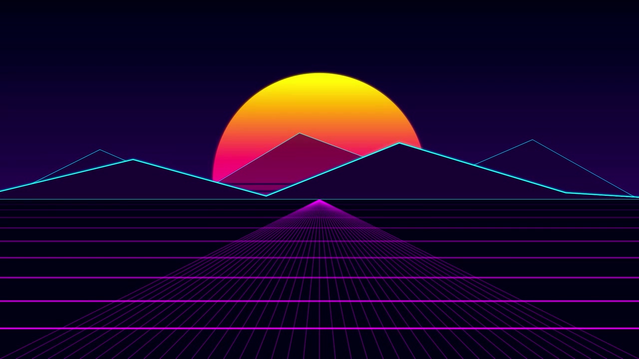 Retro Synthwave Style Landscape with Glowing Sun and Grid