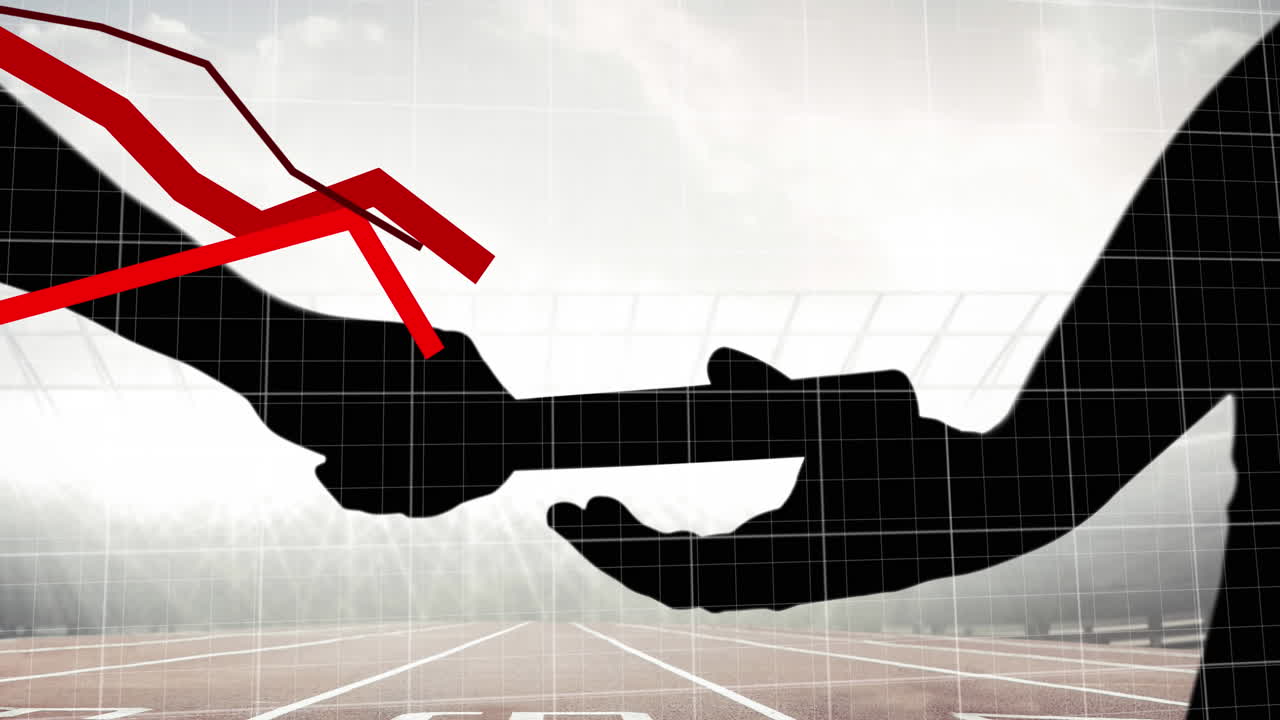 Red graphs moving over grid network against silhouette of hand passing a baton against sports field