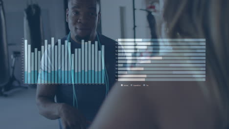 Animation of graphs and bars over multiracial friends talking in gym after exercise