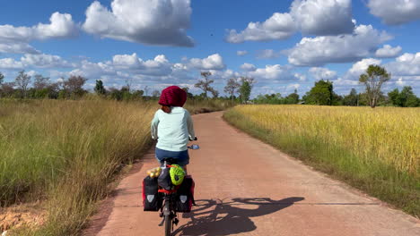 a dynamic footage of a commuting woman riding her bike with panniers and groceries at the rear