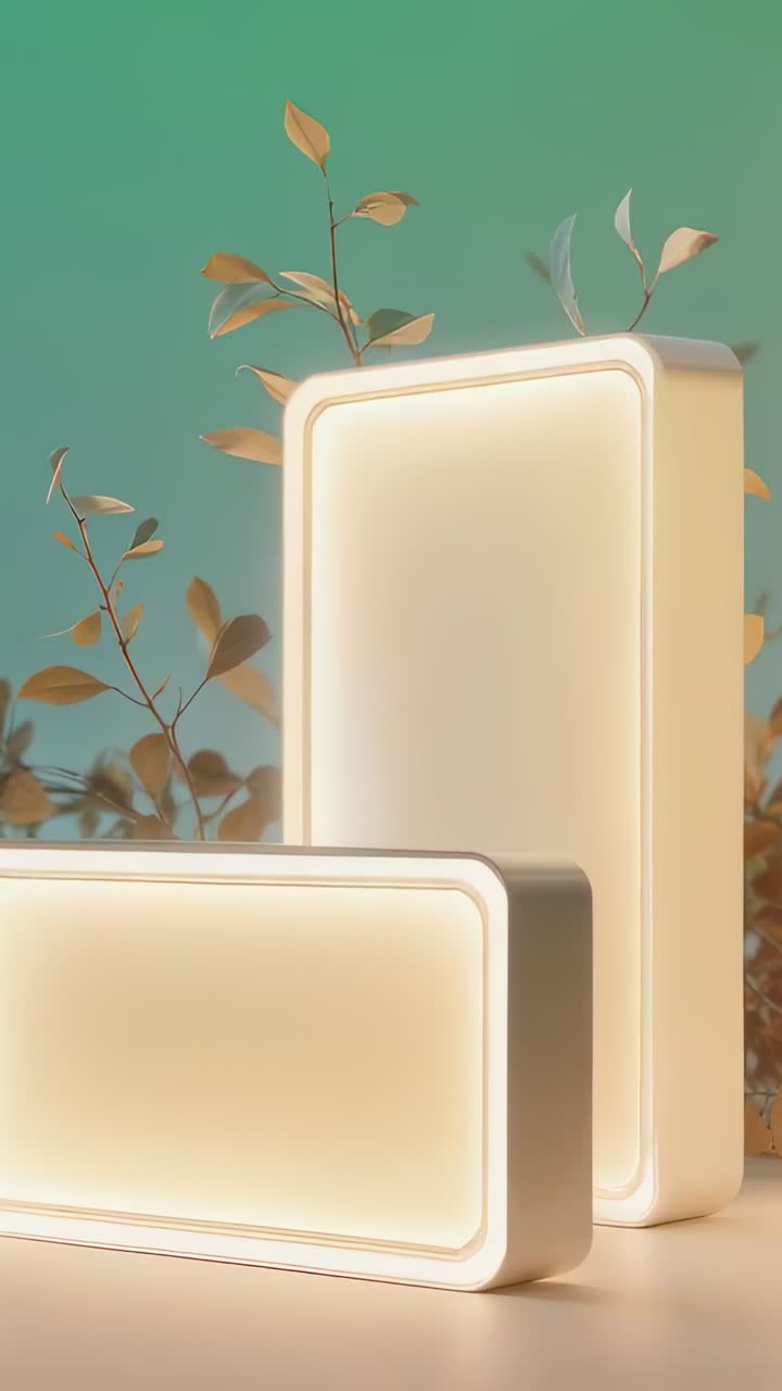Vertical video: After white glow camera sliding toward LED panels on table, cycling hues on leaves