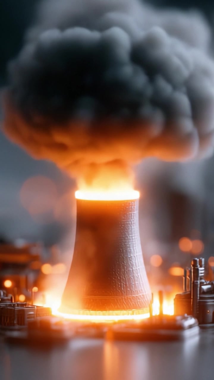 A Dramatic Visual of a Nuclear Power Plant Erupting with Radiant Flames and Billowing Smoke Against a Stark Industrial Backdrop