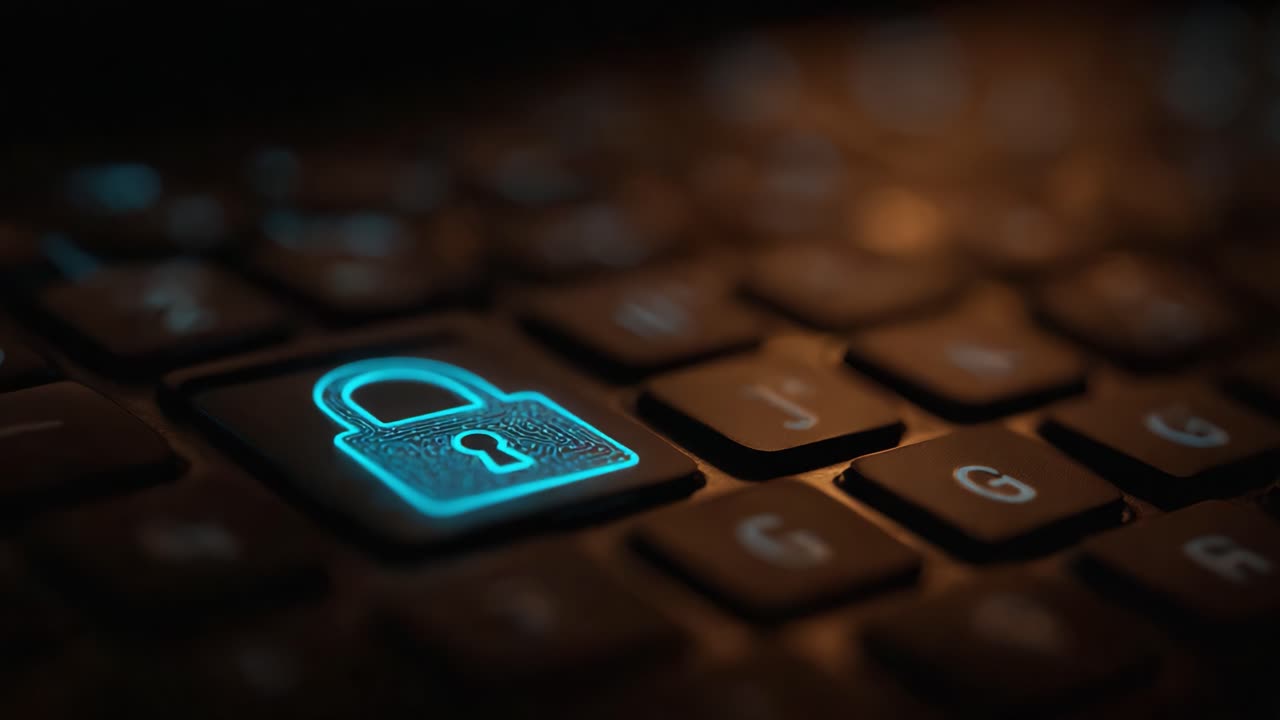 Close-up View of a Glowing Lock Icon on a Keyboard Key Representing Cybersecurity and Data Protection in a Digital Environment