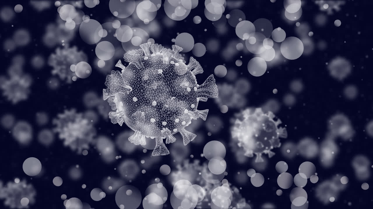 animación de células de covid-19 flotando sobre múltiples manchas de luz en fondo azul