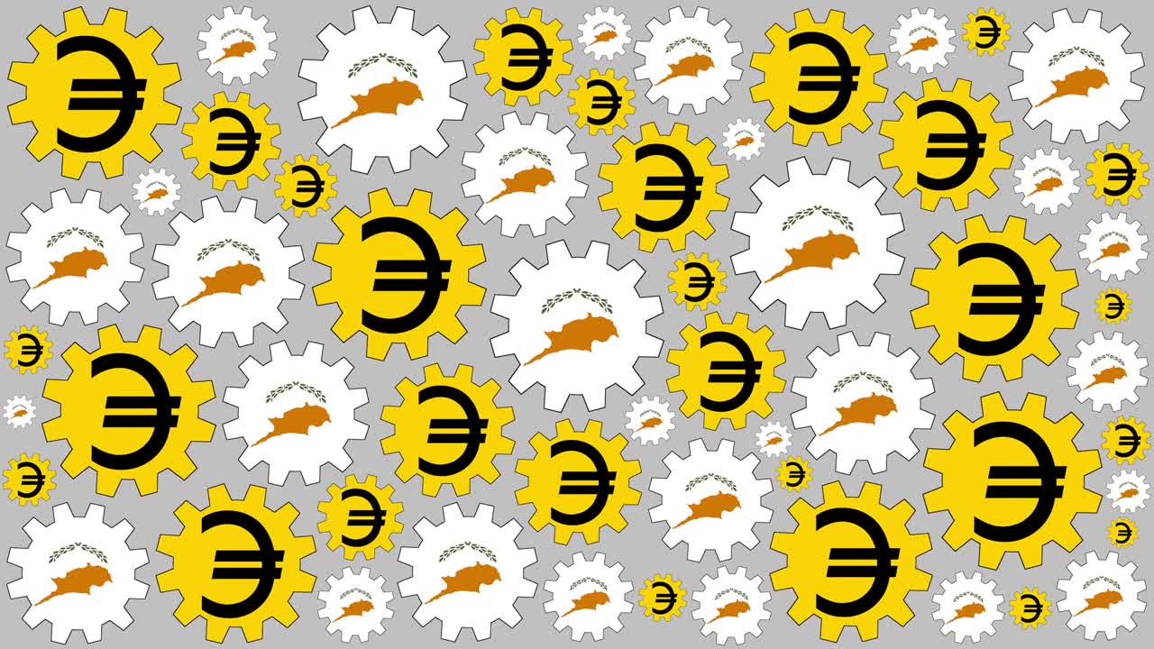 Zyprische Flagge und Euro-Zeichen mit sich drehenden Zahnrädern im Hintergrund.