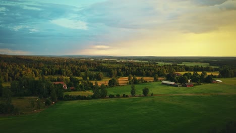 red farm buildings on countryside outside of hjo with dense coniferous forest in sweden