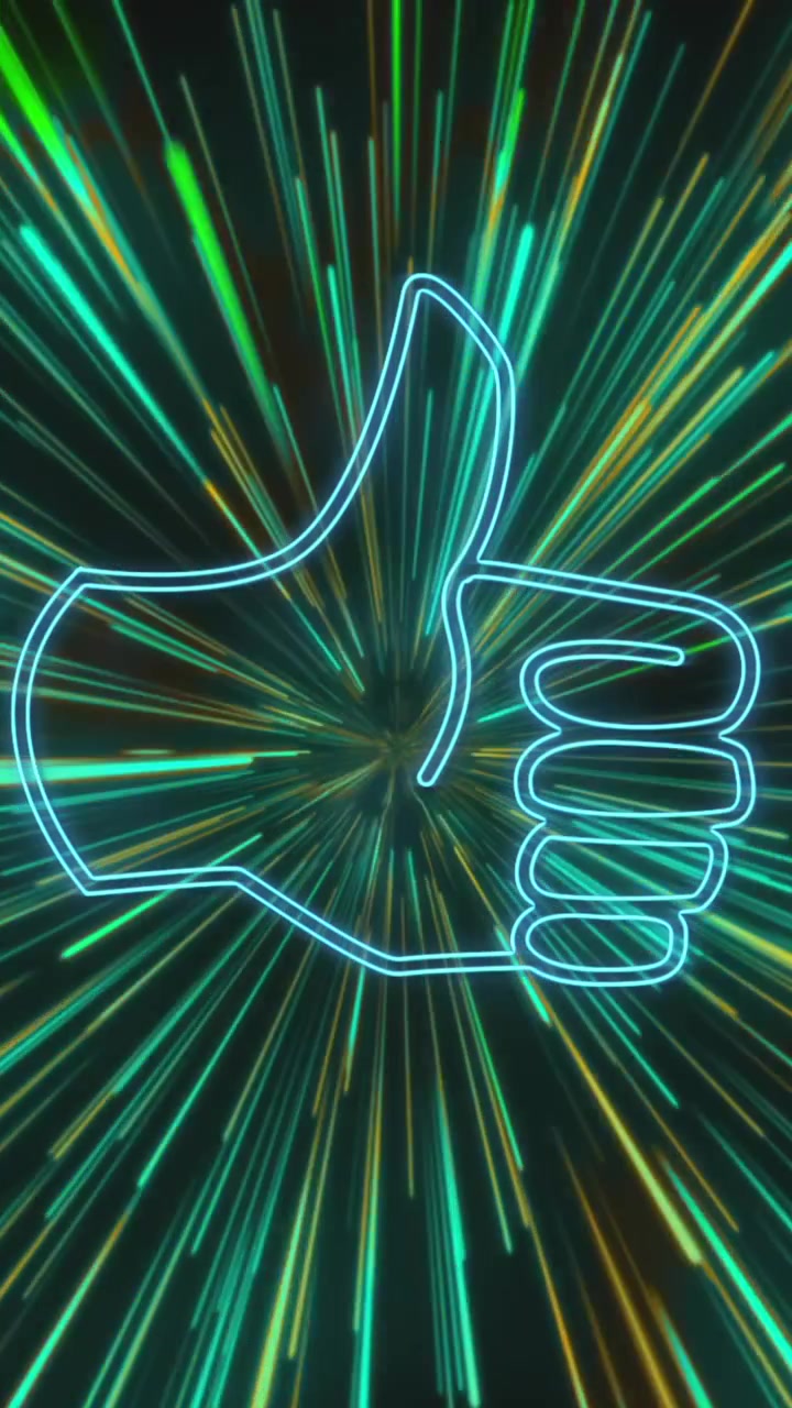 Animazione di un'icona lampeggiante di "pollice in su" dei social media al neon su uno sfondo con scie di luce verdi