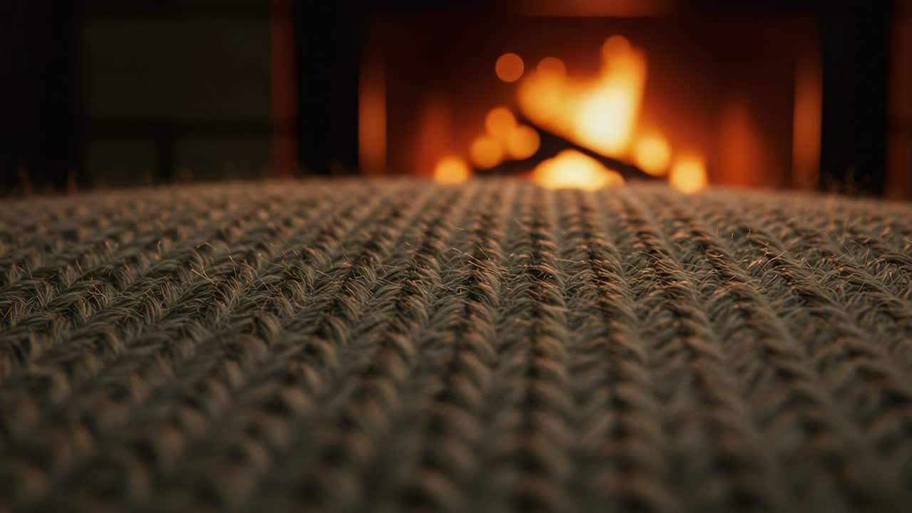 A Cozy Evening by the Fire: A Close-Up View of a Textured Woven Textile with a Warm Fireplace in the Background, Inviting Comfort and Tranquility
