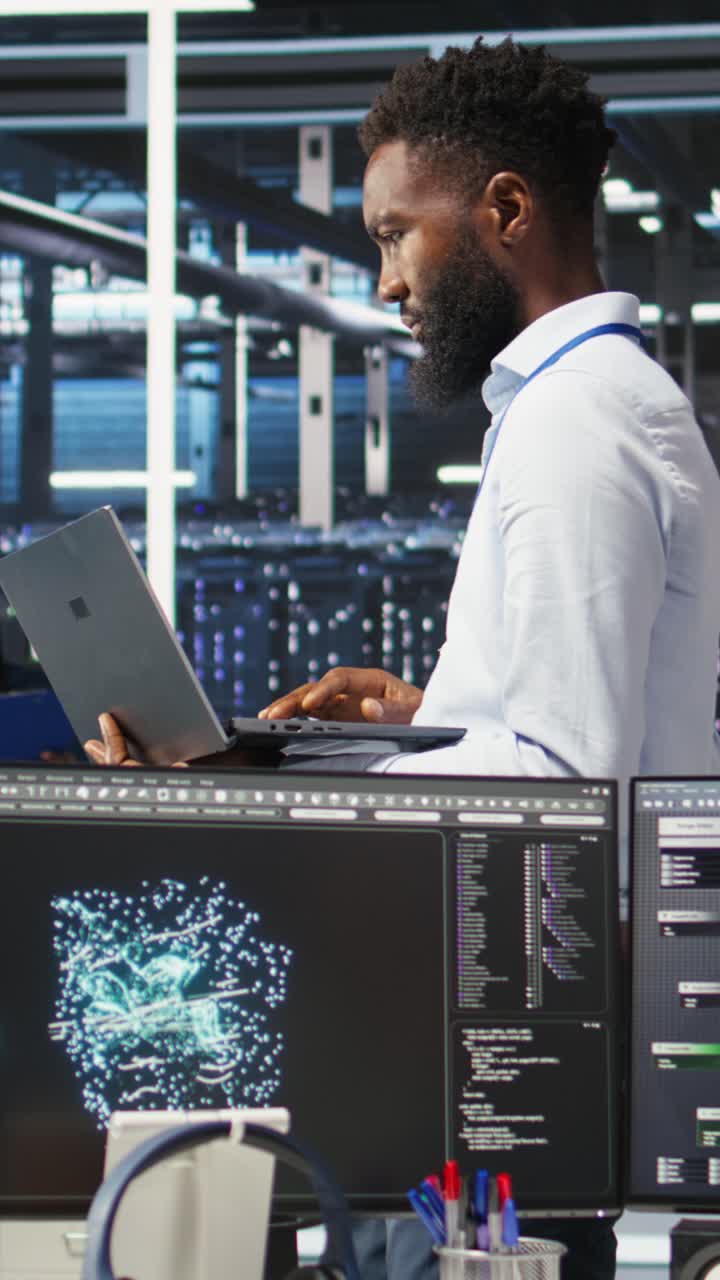 Vertical Video Data Center System Administrator Analyzing Gear Issues Using Node Tree Tools
