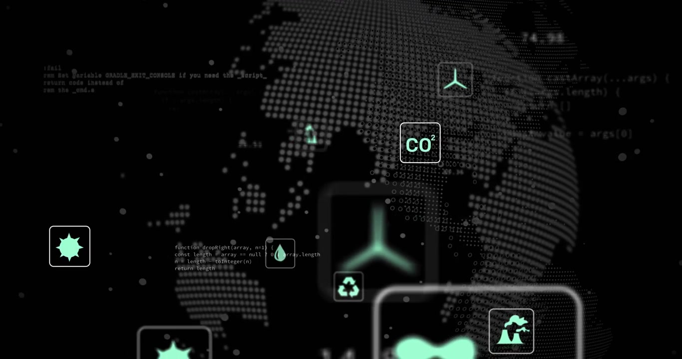 Data feed arriving, dot globe rotating, teal icons popping, readouts updating, showing eco metrics