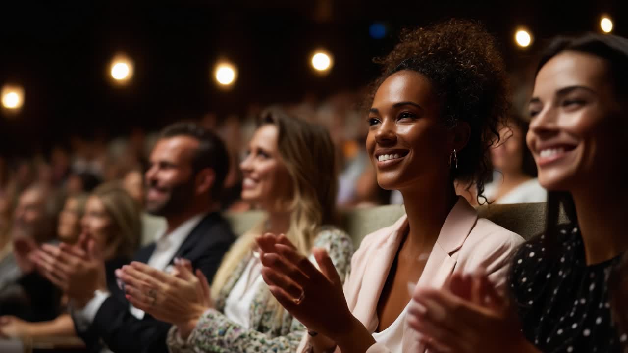 Engaged Audience Applauding Enthusiastically in a Dimly Lit Theater During a Performance, Capturing the Spirit of Enjoyment, Appreciation, and a Memorable Experience Shared Among Attendees