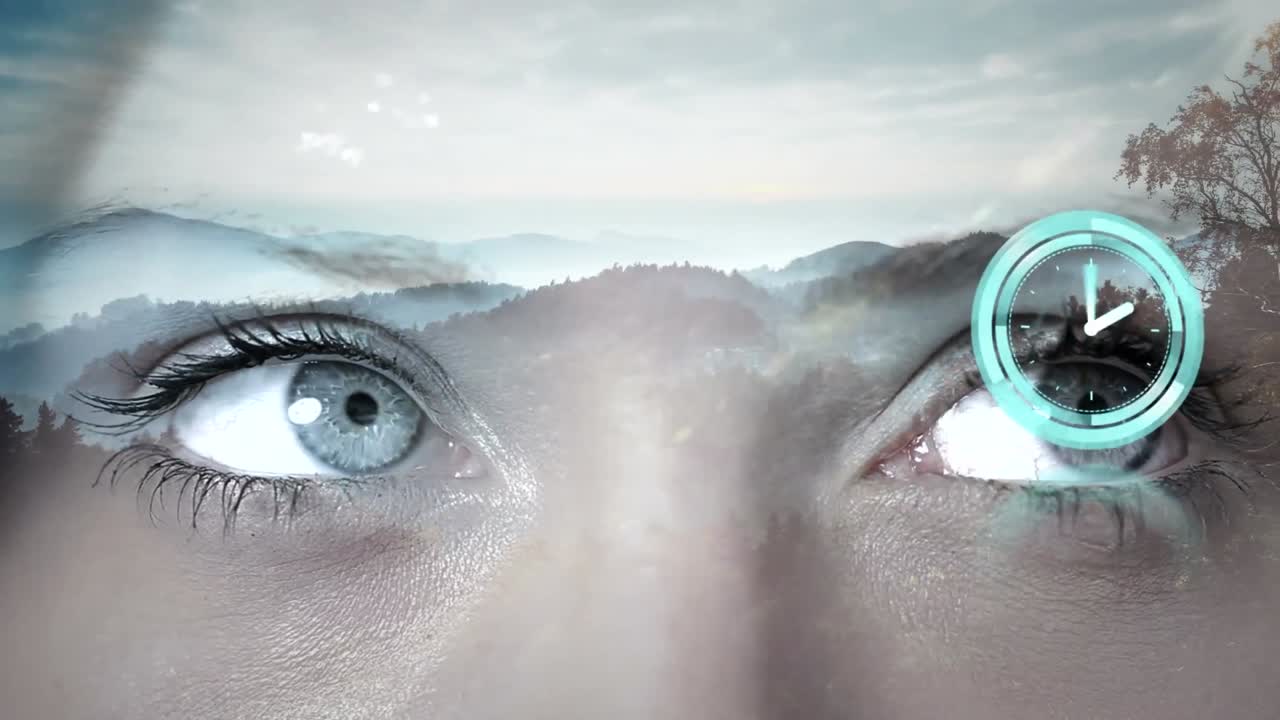 Animation of woman's eyes and clock over mountains