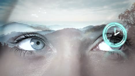 Animation of woman&#039;s eyes and clock over mountains