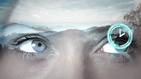 animation of woman's eyes and clock over mountains